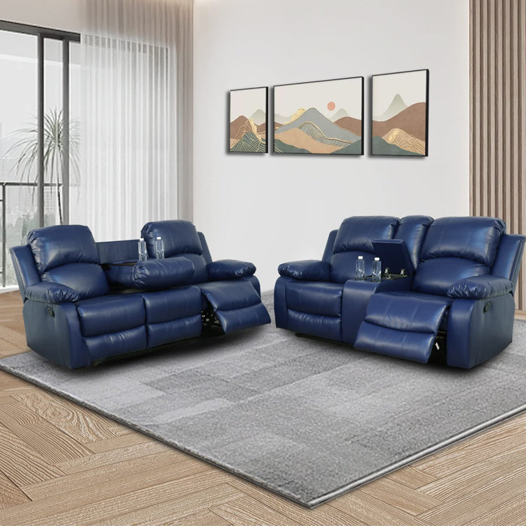 Blue leather reclining online sofa set